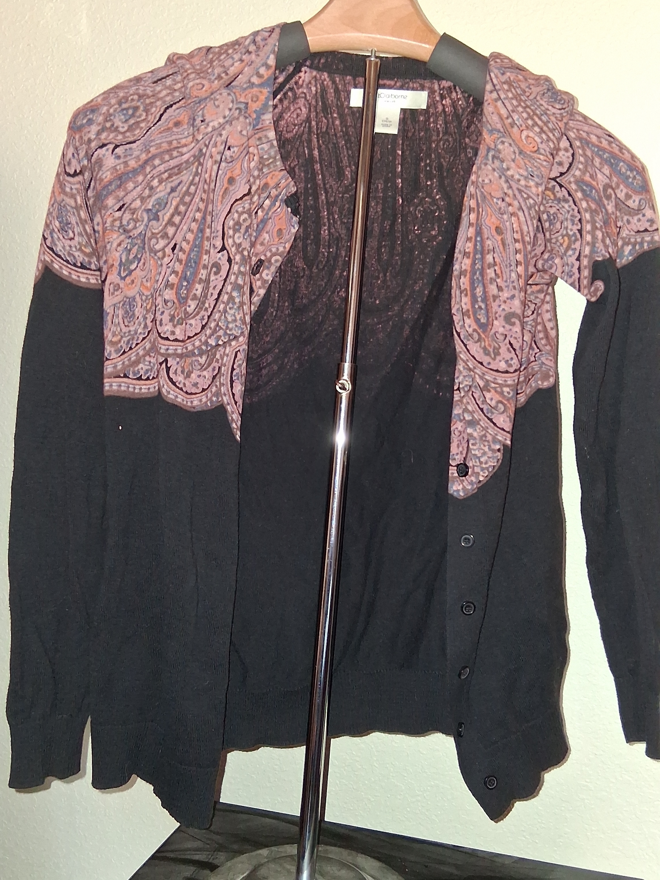Black Cardigan With Pink Paisley Yoke - Women